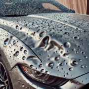 Photographie hyper-réaliste d'une carrosserie de voiture présentant des impacts profonds et visibles causés par la grêle, avec des creux répartis sur le capot et le toit, prise en extérieur sous une lumière naturelle.