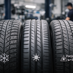 Comparaison entre pneus hiver, pneus été et pneus quatre saisons dans un garage automobile
