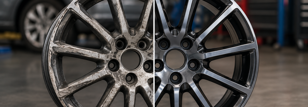 Jante automobile en aluminium avant et après rénovation dans un atelier, montrant la différence entre une jante abîmée et une jante restaurée