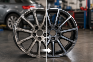Jante automobile en aluminium avant et après rénovation dans un atelier, montrant la différence entre une jante abîmée et une jante restaurée