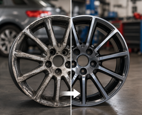 Jante automobile en aluminium avant et après rénovation dans un atelier, montrant la différence entre une jante abîmée et une jante restaurée