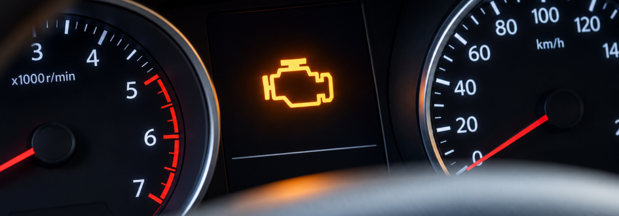 Voyant moteur orange allumé sur le tableau de bord d’une voiture